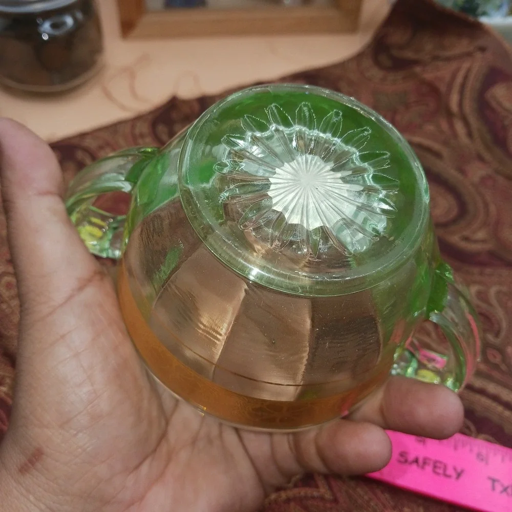 Vtg Green Uranium Glass Creamer & Sugar Bowl Floral w Gold Gilt